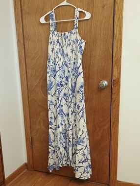 Chelsea28 White Maxi Linen Dress with Blue Floral Print